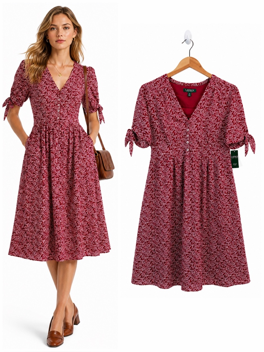 Lauren Ralph Lauren Floral Midi Dress NWT Petite 12P Berry Tie Sleeve